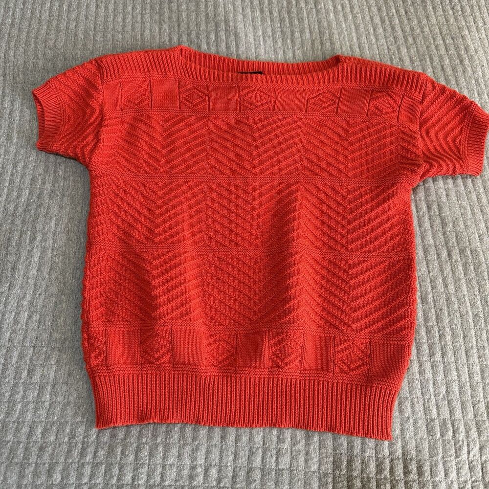Vintage Liz Claiborne 100% Cotton Red ShortSleeve Spring Cottage Sweater Petit S